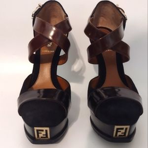 Fendi FF L ogo Black & Brown Criss Cross Platform Heels
